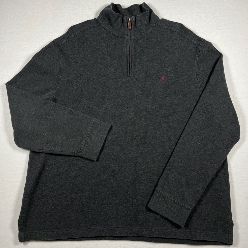 Polo Ralph Lauren Grey Quarter Zip Cotton Sweater Burgundy Pony Mens Size XXL